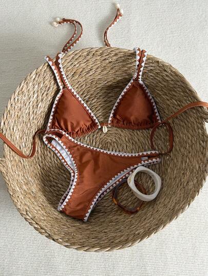 Bộ bikini nữ 2 mảnh màu trơn họa tiết răng cưa