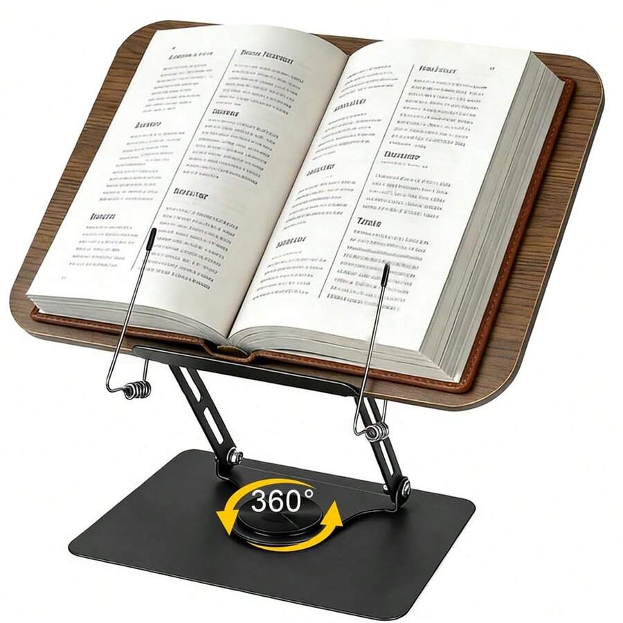 Foldable Reading Book Stand, Adjustable Book And Tablet Stand With 360° Rotating Base, Kitchen Book Holder With Elastic Clips For Music Sheet Pages - A - View 1