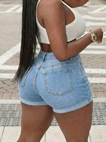 Pantalones cortos vaqueros de cintura alta con ajuste ceñido, casuales de verano - Azul - Ver 3