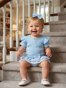 Newborn Baby Girl Summer Clothes Infant Baby Girls Summer Outfit Ribbed Knit Short Sleeve Romper Elastic Waist Plaid Shorts Ruffled Skirts Headband Set - 藍色 - 查看 3