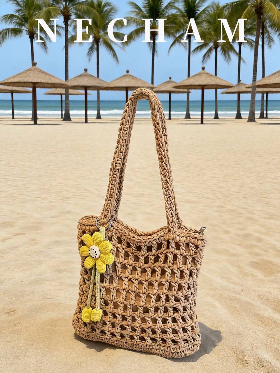 1 chiếc túi tote móc thủ công rỗng ruột, túi đeo vai cỡ lớn kiểu dáng du lịch có mặt dây chuyền. - Màu Khaki - Xem 1