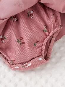 1pc Baby Girl Cute Ruffle Trim Rib Knit Embroidered Corduroy Romper Dress, Lightweight Summer - White - View 7