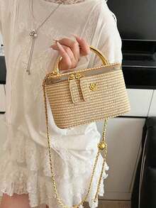 1pc New Minimalist Casual Versatile Woven Straw Lunch Box Bag, Chain Strap Shoulder Crossbody Bag, Holiday Best Seller Small Shoulder Crossbody Bag , Beach - 卡其色 - 查看 5