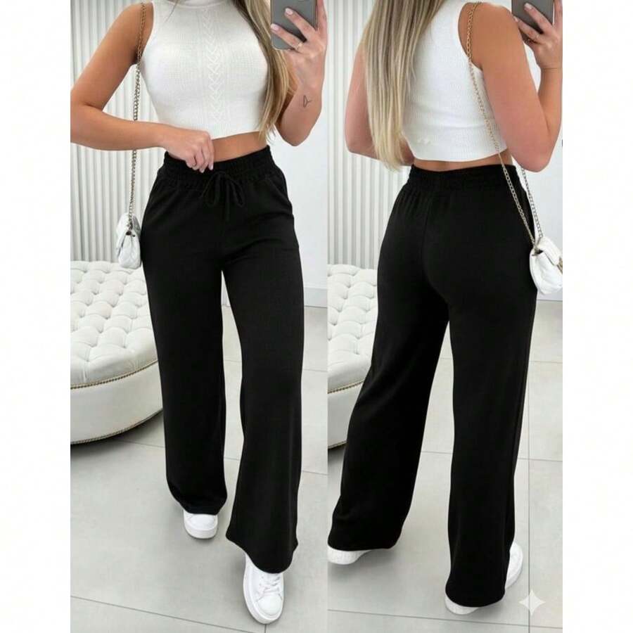 Women's Wide-Leg Pants For Winter And Cold Weather - Negro - Ver 1
