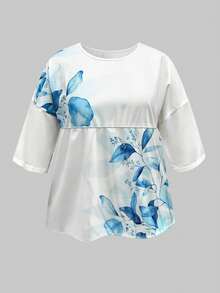 Plus Size Women's White Floral Print Shirt, Loose Casual Vacation Style Round Neck Blouse, Suitable For Daily Commute And Gatherings In Summer - White - View 3