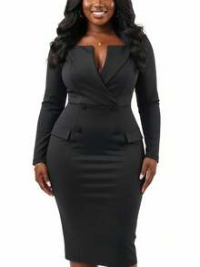 Elegant Solid Color Midi Work Dress, Stretchy Fabric, Notched Collar, Slit, Suitable For Commute, Elegant Occasions, Office, Business Meetings, Birthday, Spring & Autumn - Black - View 5