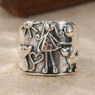 Vintage Handmade Carved Ring, Cat Dog Heart Pattern, Bohemian Style Holiday Commemorative Gift For Girls