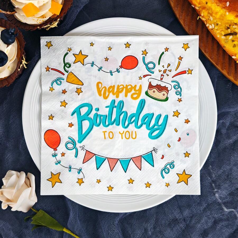 IOOJA 20/50pcs 2-Ply Unfolded Size 33*33cm Happy Birthday Cake Pattern Printed Party Napkins, Disposable Tissue Paper Suitable For Theme Parties, Essential For Company Events, Friends Gatherings - Multicolor - View 1