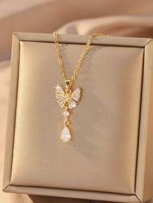 1pc Stainless Steel Butterfly Pendant Necklace, Inlaid With Cubic Zirconia, Adjustable Length, Lightweight, Comfortable Design, Suitable For Her Fashionable, Elegant, Minimalist, Retro Jewelry - Multicolor - View 6