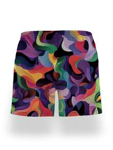 Pantalones cortos de playa casuales de moda para hombre con estampado artístico, cintura elástica con cordón, bolsillos inclinados y forro de malla - Multicolor - Ver 3