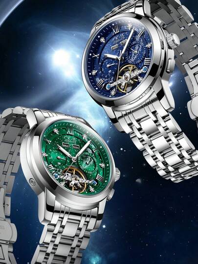 1PC Men's Skeleton Automatic Mechanical Watch, Starry Sky Dial Metal Strap Fashion Wristwatch For Daily & Business FW-6055