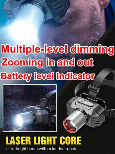 1pc Bright And Lightweight Tactical High-Intensity Headlamp With Telescopic Zoom Function, Battery Level Indicator, Water Resistance, Head-Worn Design, Long-Lasting Battery Life. Suitable For Various Scenarios Such As Outdoor Exploration, Night Fishing, Emergency Lighting, Vehicle Backup, Etc.