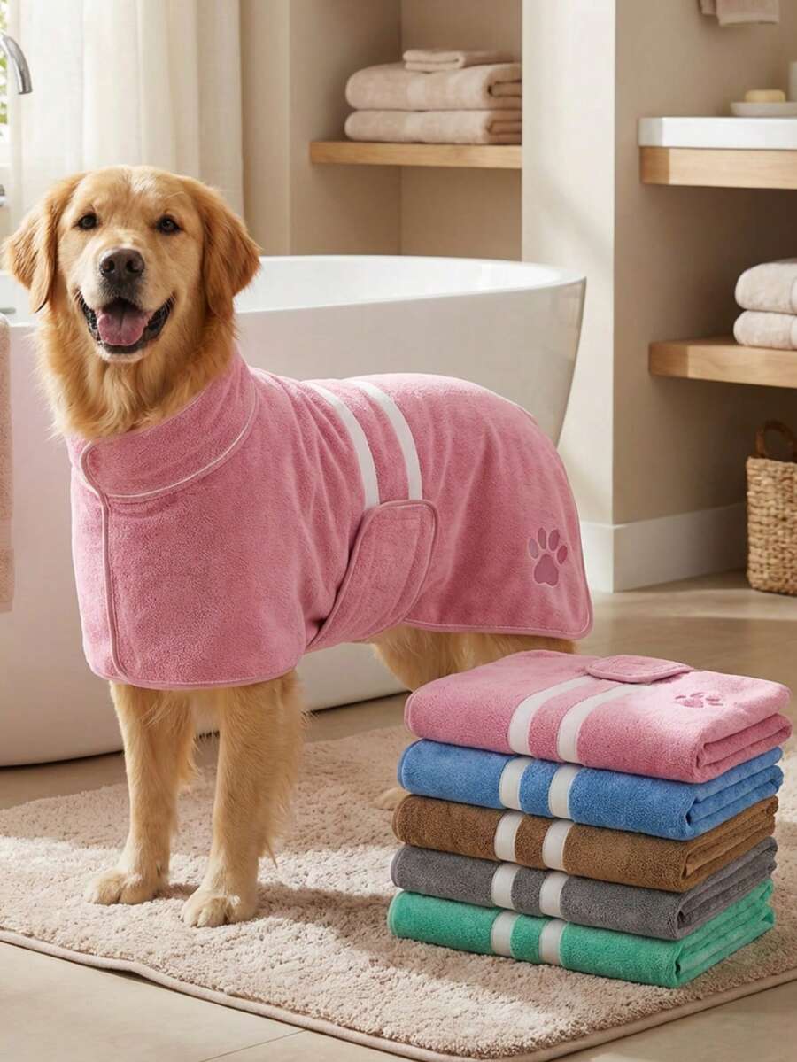 1pc Quick Drying Dog Bathrobe, Dog Embroidered Towel Bathrobe Robe, Super Absorbent Pet Bathrobe With Adjustable Belly Band, Soft Fabric With Embroidery Craft