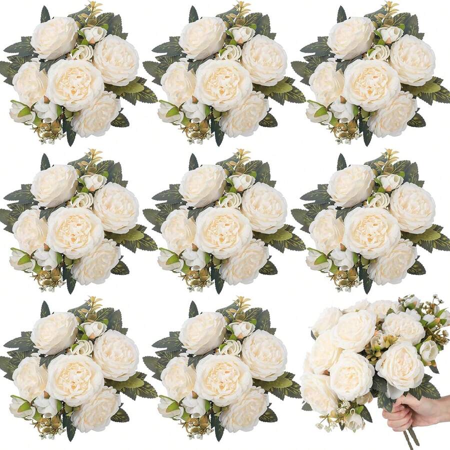 1pc Artificial Rose Bouquet, Embroidered Ball, Peony Mixed Flower Bouquet, Bridal Bouquet, Wedding Decor, DIY Wreath Material, Birthday Party Decor, Home Vase Outdoor Garden Autumn Decor, Valentine's Day New Year Gift - Milky White - View 1