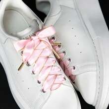 1 par de cordones de zapatos de cinta de poliéster tipo seda de 15 mm de ancho con borde dorado, de unicolor versátiles, adecuados para fiestas, el hogar y exteriores - Cabeza metálica color oro rosa - Ver 3