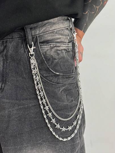 1 pieza Cadena de pantalones con estrella de cinco puntas en relieve de estilo punk rock multicapa, vintage casual, para fiesta, festival de rock, estilo callejero, regalo para novio