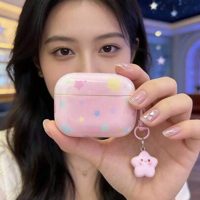 1pc Glossy Sweet Girl Style Pink Star Print Protective Case With 3D Star Pendant, Compatible With Apple Pro/Pro2 1/2 3 4 Pro3 Bluetooth Earphone Case
