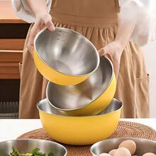 Bộ 3 món bằng thép không gỉ gồm bát trộn, khay nướng, bát salad, tô đánh trứng, nồi và tô nhào bột. Đồ dùng nhà bếp, màu kem, dụng cụ nhà bếp, bát lớn, khay nướng, tô đánh trứng, tô đánh kem, tô nhào bột. - Xem 4