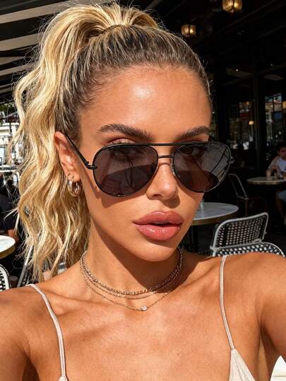 1 pieza Gafas de mujer con lentes tintados de diseño único de doble haz metálico, nunca pasadas de moda, de estilo casual y vintage para actividades al aire libre, paseos, conducción, navegación, campamento, viajes y negocios casuales como decoración femenina