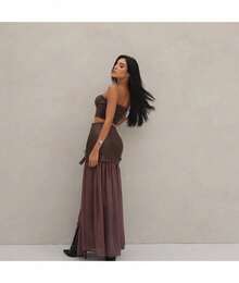 Country Women's Clothing, Brown Leather Women's Country Set, Rodeo Women's Outfit, Elegant Women's Rodeo Set, Skirt And Cropped Top Set, Long Skirt, Long Skirt Set With Slit, Brown Long Skirt - 鏽棕色 - 查看 2