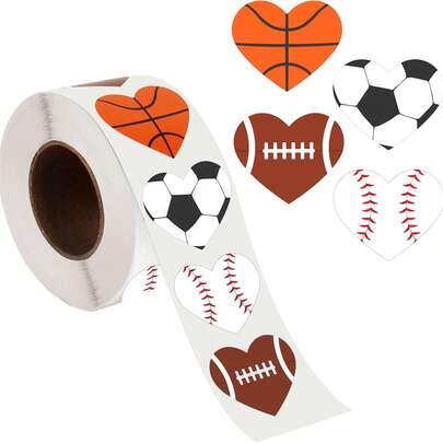 500张心形运动球涂鸦贴纸，1英寸，4种设计，适用于体育赛事、世界杯、办公用品、学校奖励、剪贴簿、水瓶、手机壳、笔记本电脑和其他DIY装饰，PVC防水贴纸