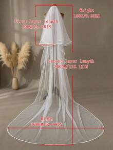 1pc Double-Layer Satin Edged Bridal Veil, Fingertip & Cathedral Length, Suitable For Wedding, Beach Wedding Photography, Storefront Display, With Hair Comb, Summer - Milky White - View 10