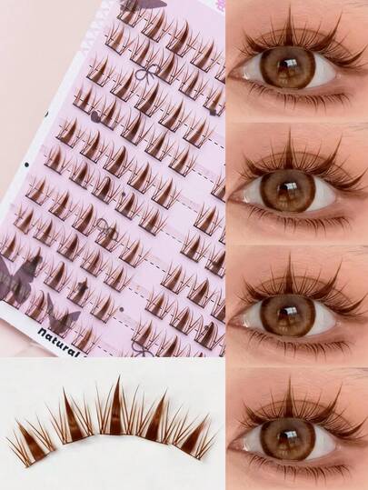 Ayrmilla 100 Clusters Brown Spiky Anime False Eyelashes Fluffy Dramatic Cat Eye Lashes Reusable DIY Cluster Lashes For Cosplay Party Stage Performance Eye Beauty Enhancement