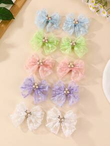 2个/10个装 女孩双层网纱珍珠水钻蝴蝶结发夹套装 - 彩色 - 查看 12