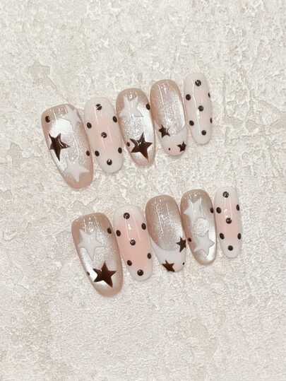 Blush Polka Dots On The Nails! Spring Colorful Dopamine, Vacation Style, 10pcs Handmade Nails, Medium Oval Nails, Cat-Eye Gradient Paired With Blush French Manicure, Hand-Painted Polka Dots And Hand-Painted Star Accents, Simple And High-End Feel, Suitable For Everyday Work Wear, Spring Vacation Style, Seaside Vacation Wear, For Dates And Outfits, Brightening And High-End Feel, Reusable Handmade Press-On Nails Set With Jelly Glue And One Mini Nail File.