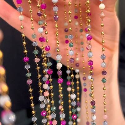 1m Fashionable Stainless Steel Colorful Glass Beads Chain, Handmade Beaded Chain Suitable For DIY Bracelet, Necklace, Sweater Chain Jewelry Accessories
