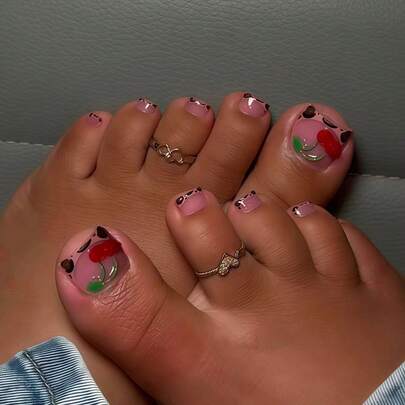 24片新款豹纹法式可爱樱桃脚趾甲贴纸，12种尺寸，经久耐用，适合女士夏季美甲沙龙装饰，也可作为女士礼物。