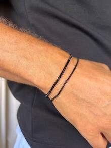 2pcs Minimal Black Box Chain Bracelets, Stainless Steel Double Layer Thin Link Wristbands For Men, Simple Daily Stackable Jewelry, Birthday Presents - Black - View 2