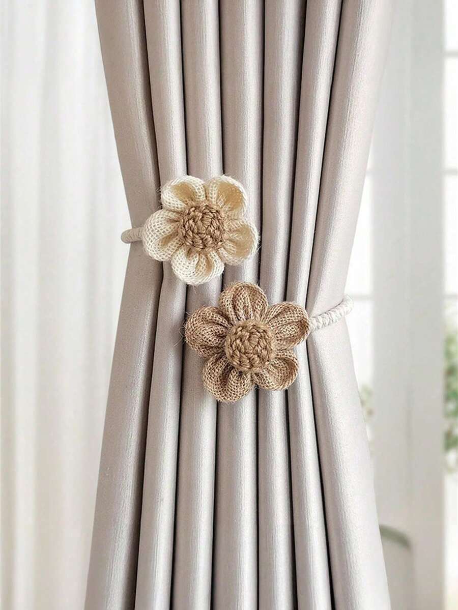 1/2pcs Attaches de rideaux style bohème faites à la main avec fleurs, crochets de rideaux en corde tressée, sangles de rideaux de décoration rustique de ferme, convient pour la maison, le salon, la chambre, pinces de rideaux esthétiques et mignonnes, crochets de rideaux - multicolore - Voir 1