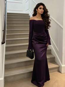 Vestido de noche formal elegante de hombros descubiertos, con cremallera, volantes y manga larga, para boda y fiesta de primavera - Morado - Ver 2