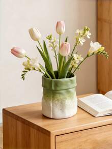 1pc Ombre Green Vase, Elegant Cream Wooden Grain Decor, Suitable For Home Living Room, Windowsill, Tabletop Flower Arrangement, Available In Different Sizes - Paper Bag Gradually Turns Green - View 6