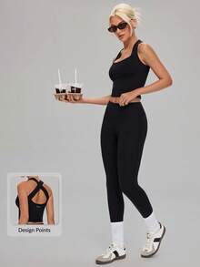 MASKERT Women's Sexy Backless Tank Top + High Waist Lifting Leggings Set, Suitable For Fitness, Running, Sports, Outdoor Activities - Black - View 1