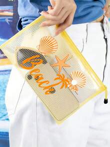 多色防水時尚網格沙灘包，印有「Beach」字樣的化妝包，羽毛花朵、扶桑花、海星、貝殼和珍珠元素，大容量透明化妝包，尼龍拉鍊盥洗包，輕巧，可存放防曬霜、零食、比基尼和沙灘必需品。春/夏防曬收納，適合游泳、沙灘、潛水和夏季度假，學生返校，送給朋友、家人、閨蜜、同學的禮物。生日、節日、派對、婚禮（伴娘）、郵輪必需品、畢業 - 彩色 - 查看 7