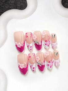10pcs Luxury Purple Style Handmade Nail Art Set, Including: Gel Nail Kit, Asymmetrical Pink 5-Petal Flowers, Embedded Silver Rhinestone Stars, 3D Butterfly Nail Decorations, Hand-Painted Solid Color Waves, Rose Red 5-Petal Prints, Branch Polka Dot Nail Accessories - 彩色 - 查看 16