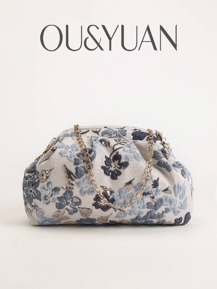 Modische hochwertige Blumenprint Umhängetasche, luxuriöse elegante gefaltete Clutch Tasche mit zufälligem Druckmuster, geeignet für Abendgala, Party und Hochzeit - Babyblau - Übersicht 1