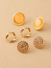 3 Pairs Gold Cat Eye Versatile Mix & Match Stud Earring Set, Suitable For Daily Wear - Gold - View 3