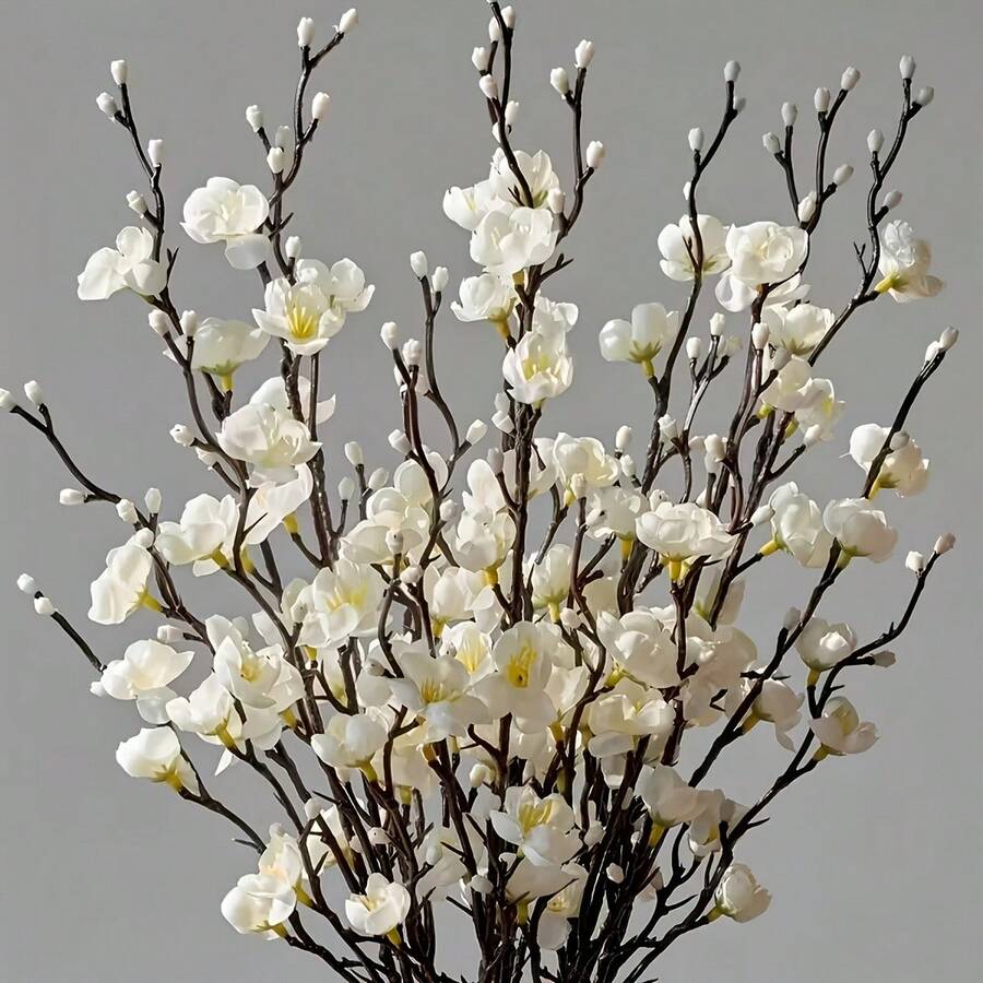 50枝=5枝人造白色长茎梅花 - 逼真的塑料白色玉花，室内外装饰，适用于家居、办公室、婚礼和派对装饰，非常适合餐桌、餐厅和庭院。 - 白色 - 查看 1
