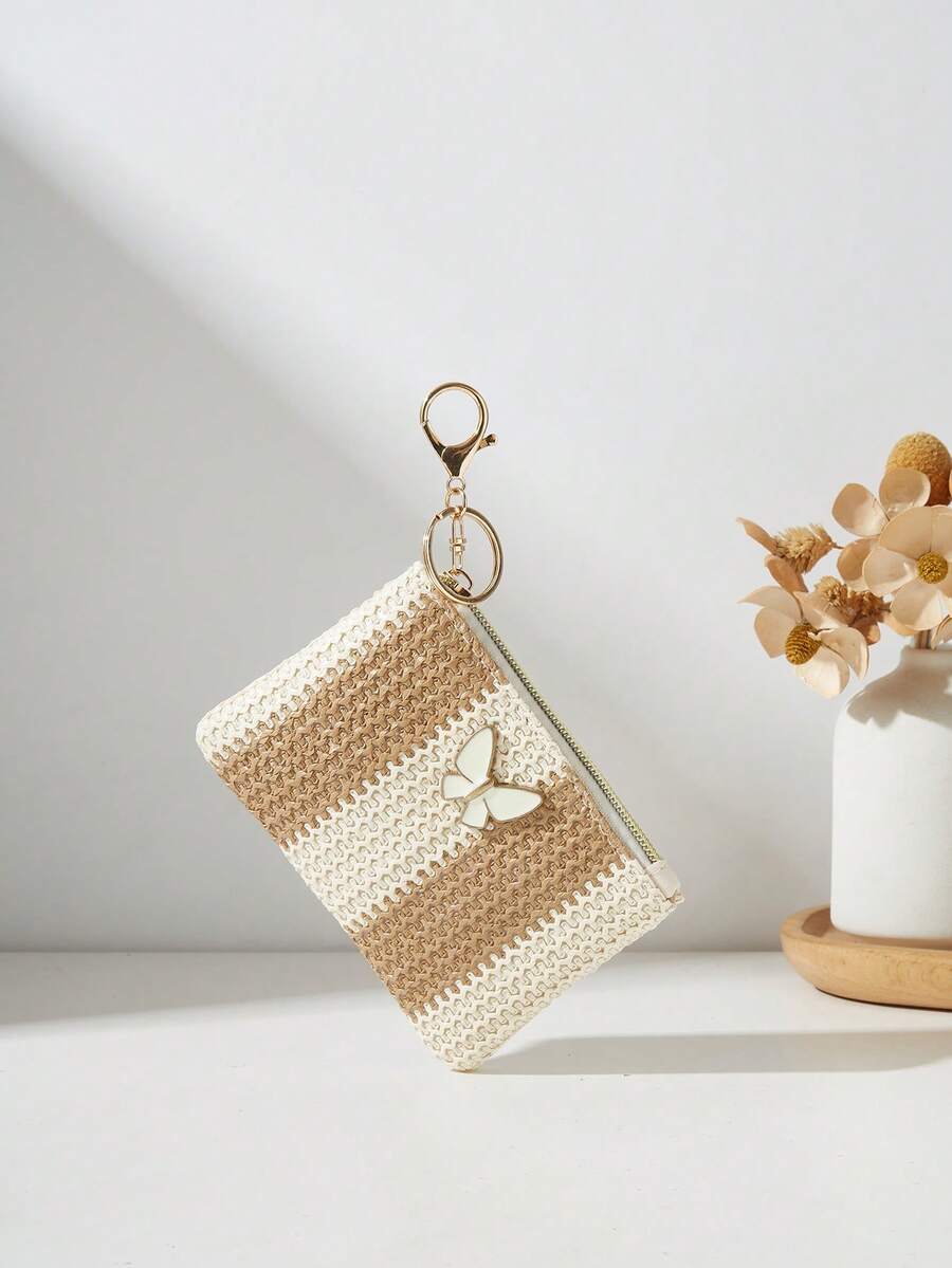 时尚新款草编蝴蝶结口红包零钱包，女士迷你钱包，小巧便携，带钥匙扣，旅行必备，夏季节日、毕业典礼、教师节礼物、生日礼物、母亲节礼物 - 米色 - 查看 1