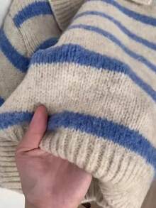 Women's Relaxed Oatmeal Base Blue Striped Collar Knit Sweater, Slouchy Pullover - Multicolor - View 4