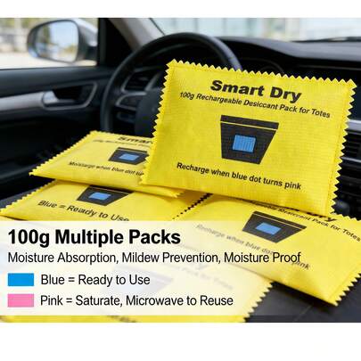 Túi hút ẩm ô tô tái sử dụng 100g/gói, có chỉ báo đổi màu, khả năng hút ẩm hiệu quả cao giúp ngăn ngừa nấm mốc, ẩm ướt, giữ không khí khô ráo và trong lành bên trong xe. Cửa sổ chỉ báo màu xanh lam = Đang sử dụng; Cửa sổ chỉ báo màu hồng = Cần thay thế