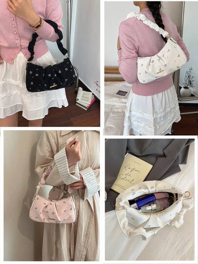 1个时尚褶皱印花沙滩包，女士休闲单肩包，配有金属链条，优雅女士手提包，可装钱包、化妆品，适合办公、购物、旅行，是母亲节或宰牲节送给女友或妈妈的绝佳礼物