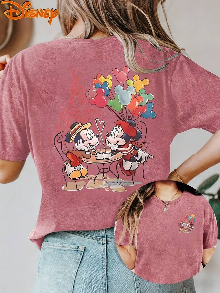 Disney License T Shirts,Disney Mickey Mouse & Minnie Mouse Graphic T-Shirt, Women's Oversized Romantic Date & Colorful Balloon Print Short Sleeve Tee, Casual Loose Fit Top For Couple Outings & Disney Trips ,Camiseta, Summer Outfits For Women, Summer Clothes, Summer Tops, Tops For Women, Festival Outfits, Summer Tops For Women, Mother's Day, Mother's Day Clothing, Gifts For Family And Friends, Spring Outfits For Women, Officially Licensed Disney T-Shirts, Disney Men's And Women's Spring/Summer Fashion Casual Short-Sleeve T-Shirts - Màu Hồng Tươi - Xem 1
