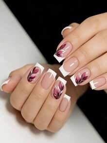 24 móng tay giả hình hạnh nhân kiểu retro màu đỏ rượu vang gradient họa tiết hoa dâm bụt, móng tay giả dài màu nude trong suốt, có thể tháo rời dành cho nữ. - trắng - Xem 7