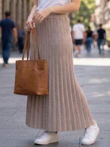 Women's Pleated Knit Skirt, Long, Wide Waistband, Evangelical Style, Elegant And Casual Knit - 乾枯玫瑰色 - 查看 1