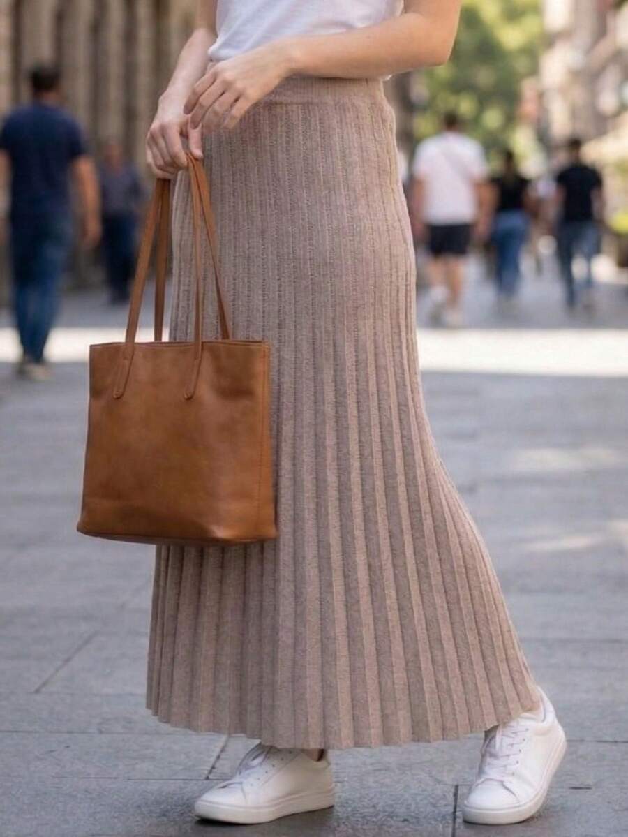 Women's Pleated Knit Skirt, Long, Wide Waistband, Evangelical Style, Elegant And Casual Knit - 乾枯玫瑰色 - 查看 1