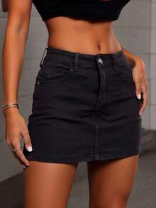 Basic, Stretchy, Fitted Denim Mini Skirt With A Butt-Lifting Effect - Black - View 3